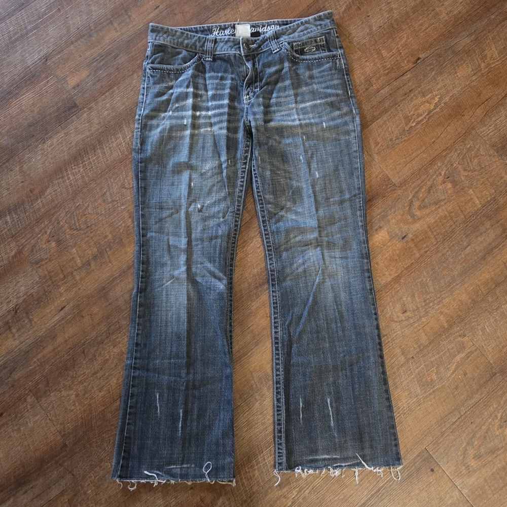 Harley Davidson Vintage Y2K Denim Jeans Flared Wide Leg Raw Hem Size 14 (35x30)